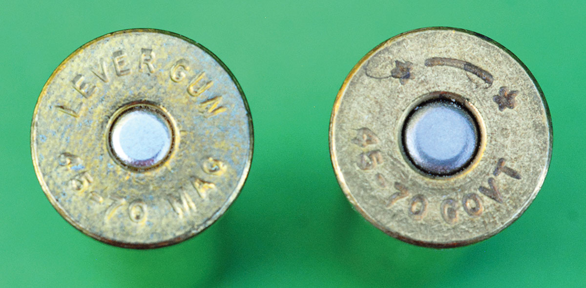 Buffalo Bore Ammunition 45-70 loads (left) utilize a small rifle primer that serves to further help prevent magazine tube detonations. The Starline case (right) features a standard large rifle primer.